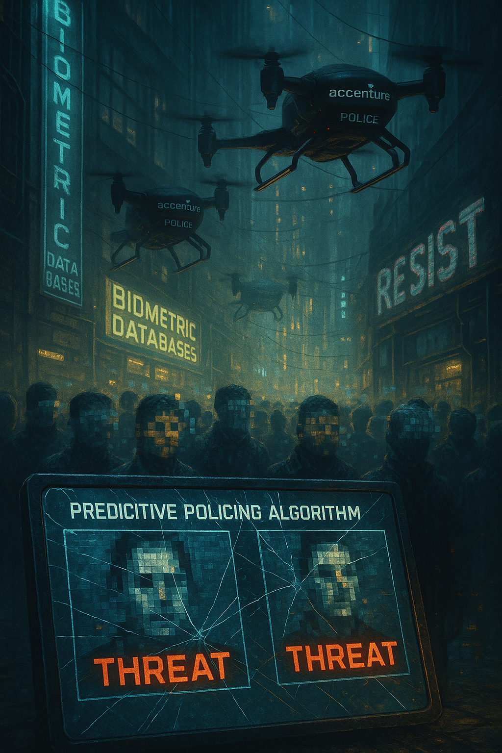 A towering, neo-futuristic surveillance hub dominates a rain-soaked metropolis at night, its central AI core pulsating with eerie blue light. Hundreds of micro-drones swarm like gnats around the structure, each equipped with blinking red sensors, while faceless robotic enforcers patrol below
