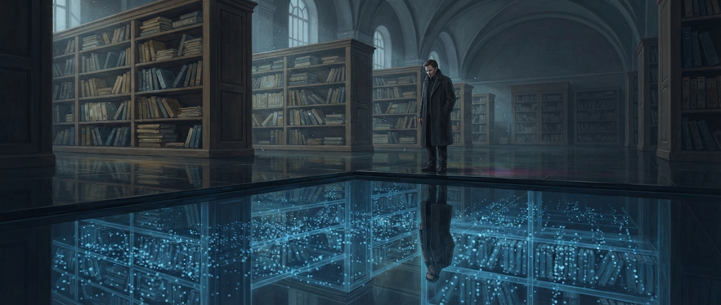 A grand old archive hall reflected in a dark polished floor, but the reflection is not the room: below the floor line the same shelves appear as translucent glowing blue lattice, files dissolved into points of light. A single archivist stands at the boundary looking down.