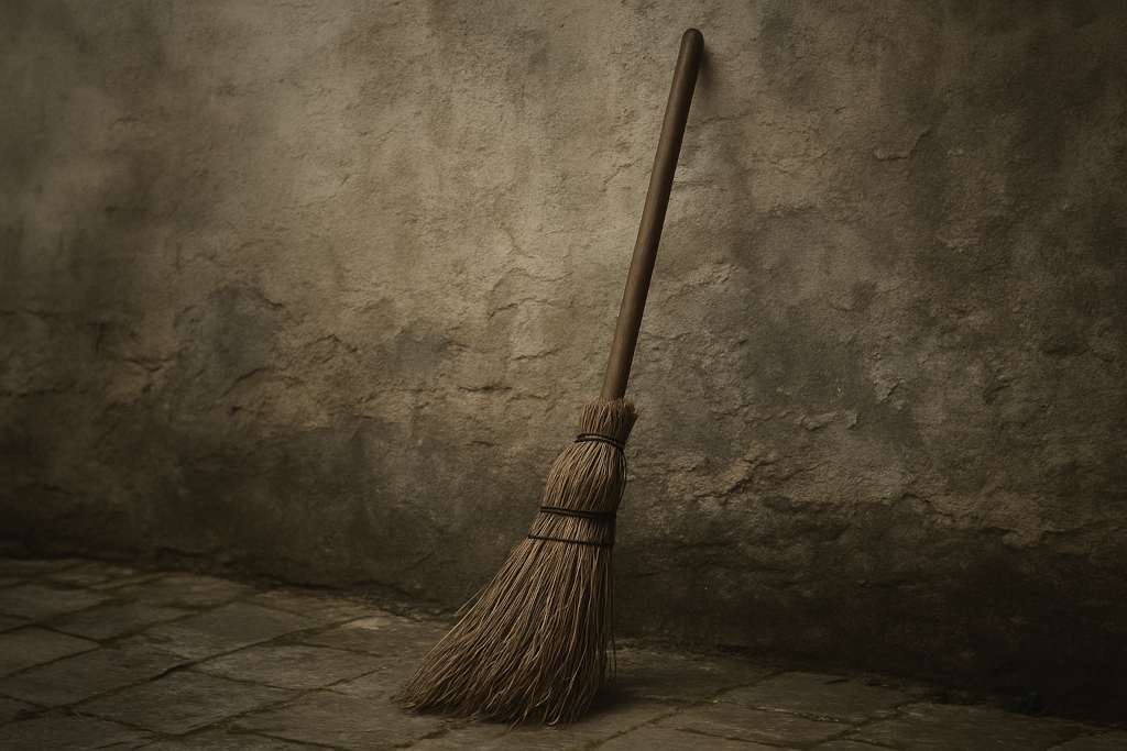 A solitary broomstick against a worn concrete wall