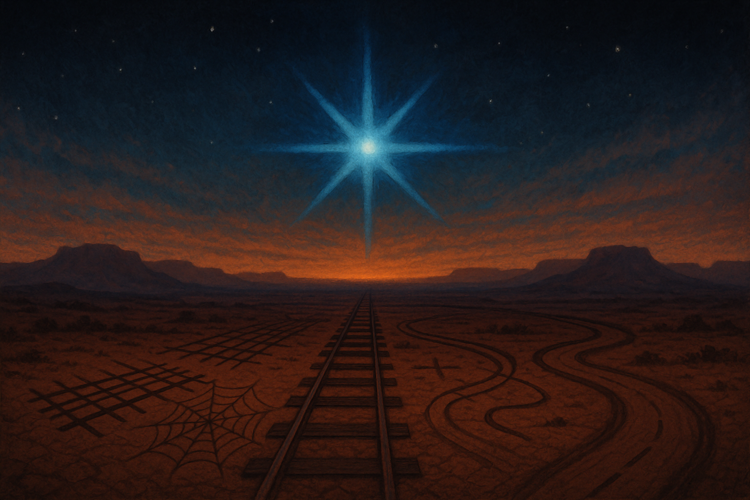 A surreal and symbolic sky scene showing a distant celestial Blue Star rising on the horizon over a quiet Earth. Below, subtle symbols like iron rails, spider webs, and winding roads are etched into the land, representing the Hopi Nine Signs of societal imbalance.