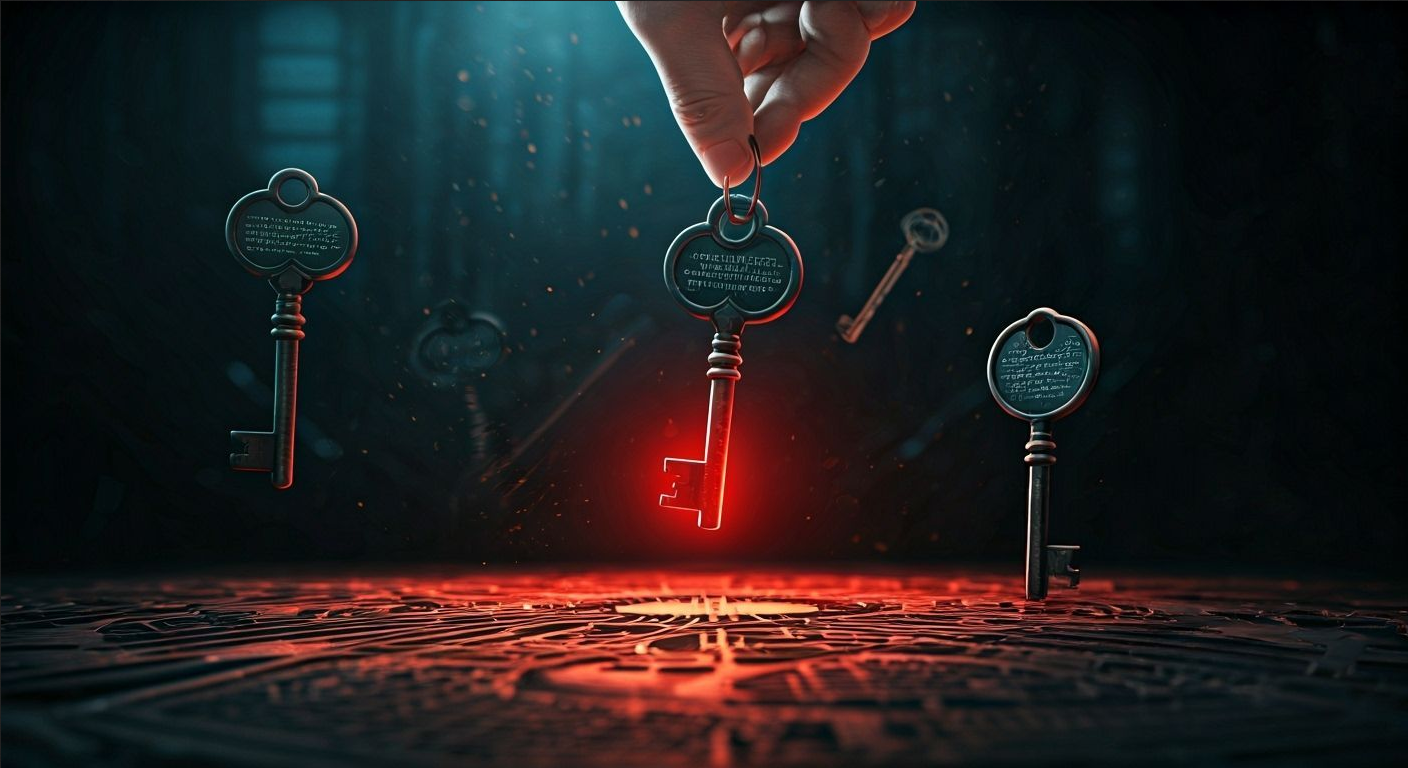 A set of ornate, antique keys floating in midair, each engraved with lines of computer code, with one key glowing red as it is lifted away by an unseen hand.
