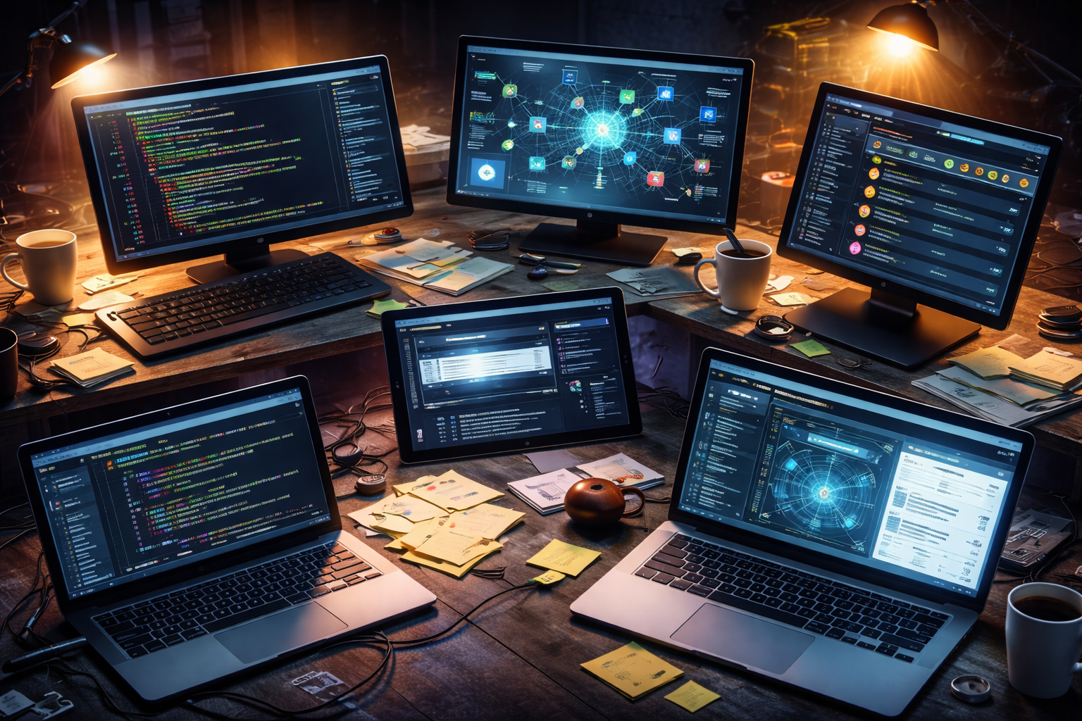 Six digital screens floating independently in a creative, messy workspace.