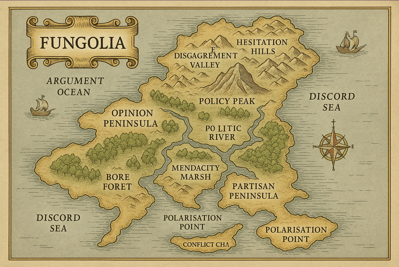 An illustrated map of Fungolia: Complete with absurd regions like 'Disagreement Valley' and 'Policy Plateau', styled like a medieval map but with modern satire.