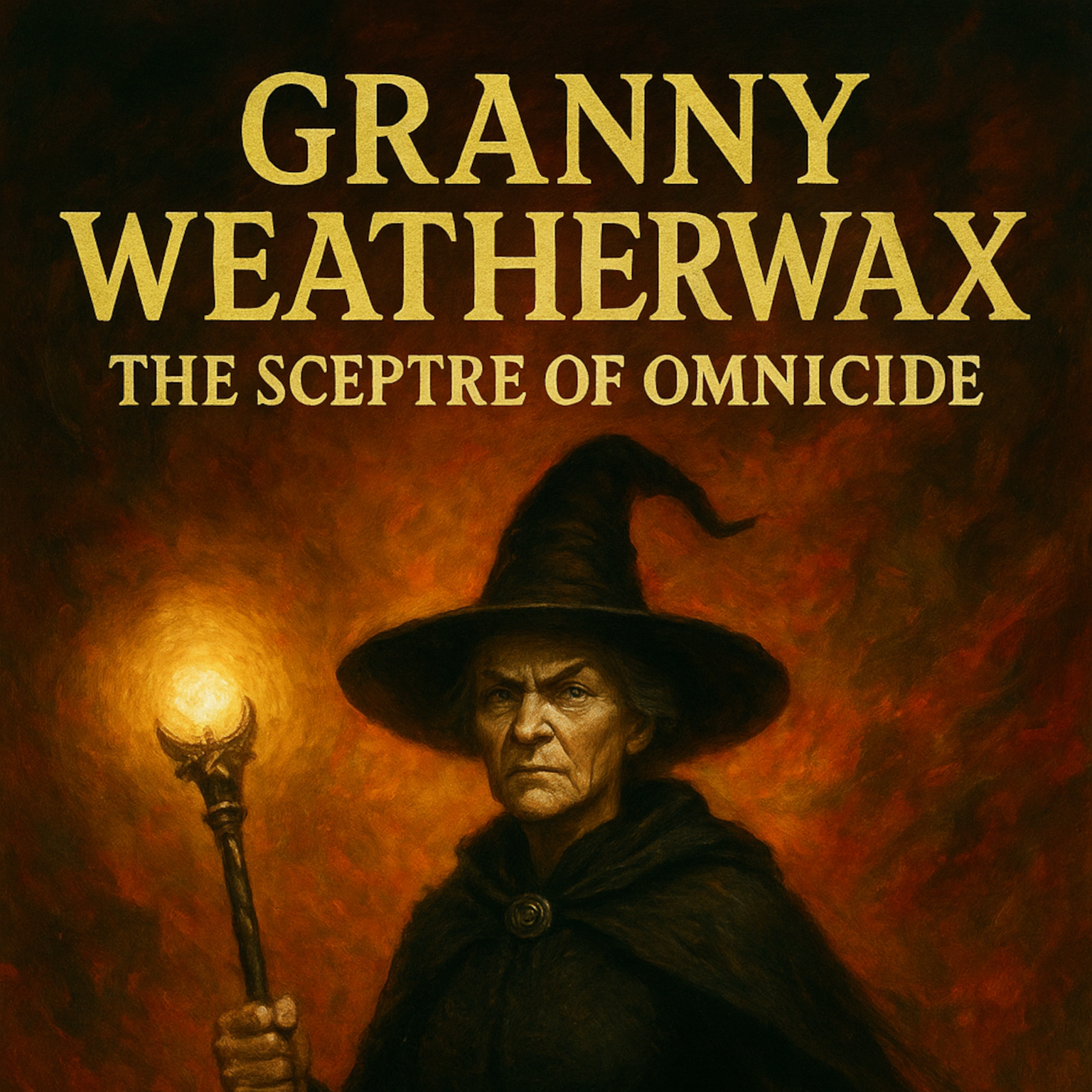 Granny Weatherwax, clad in a long, woven black dress and pointy hat, grasping the Sceptre of Omnicide