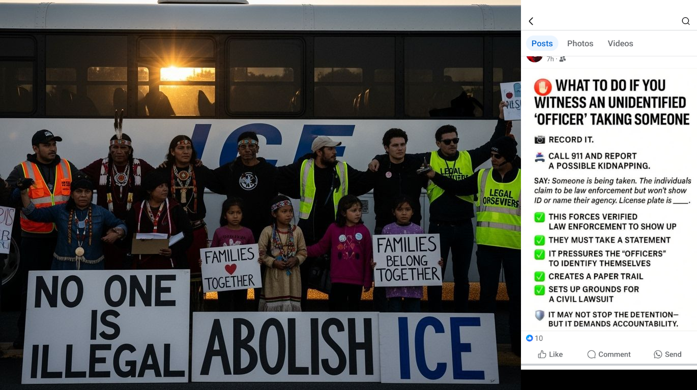 A diverse group of activists and migrant families link arms in front of an ICE detention bus. Protest signs read “No One Is Illegal” and “Abolish ICE.” Indigenous leaders stand alongside children holding handmade posters. Legal observers document the scene.