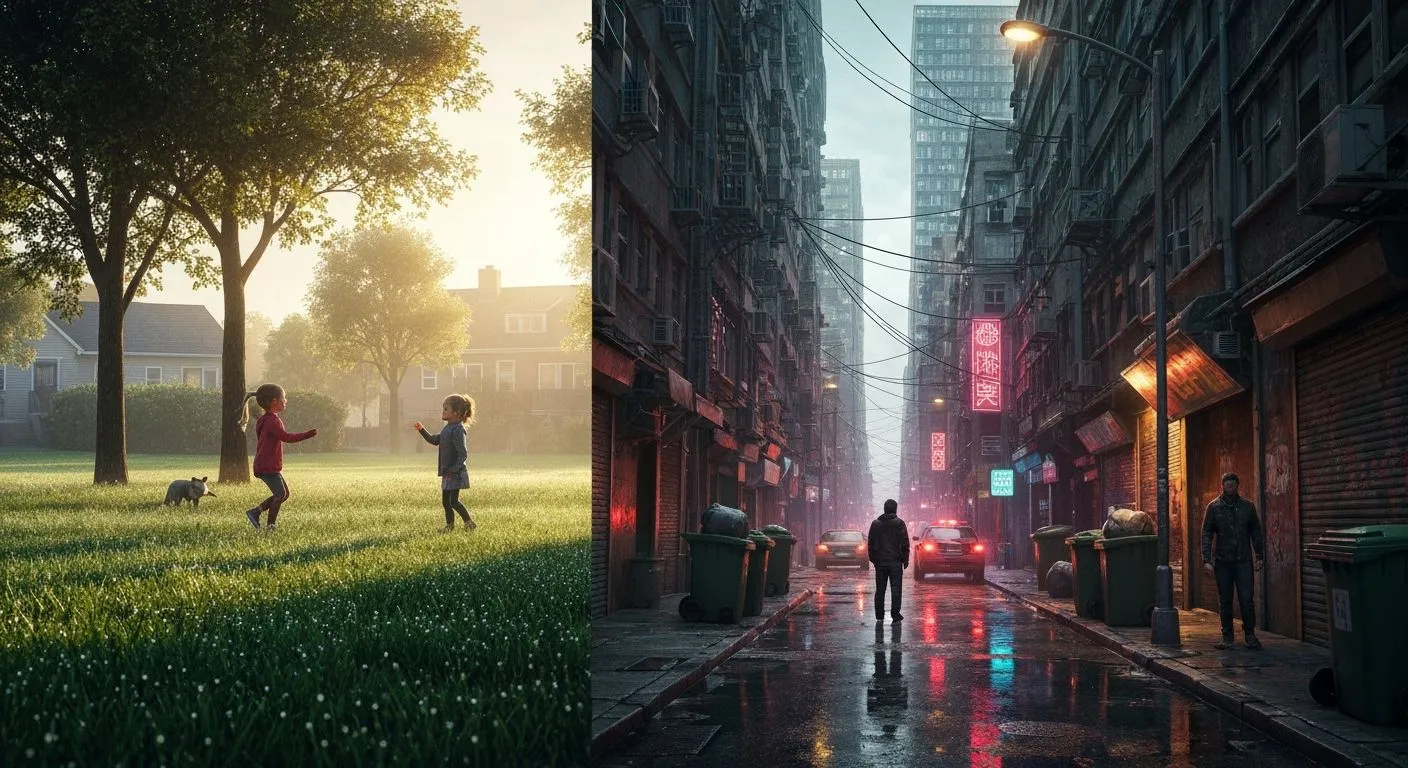Split-scene illustration of a quiet suburban morning with soft ambient sounds, children playing, versus a chaotic inner-city street of a poor city, filled with sirens, shouting, and traffic