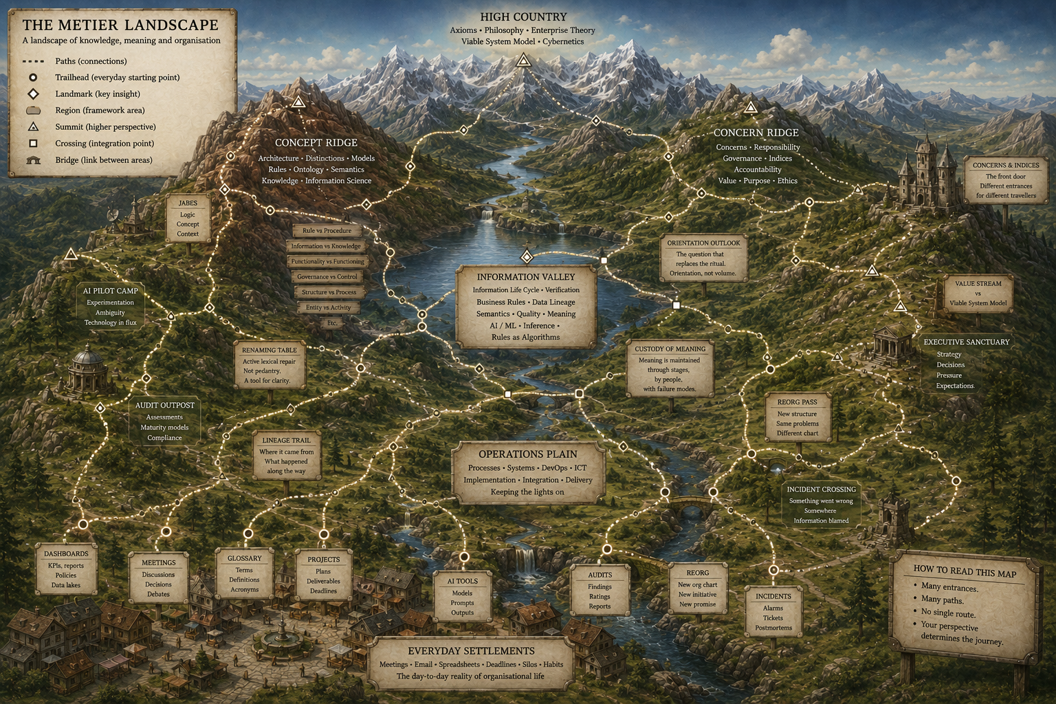 A drawn fantasy map titled The Metier Landscape. Everyday Settlements sit at the front, with trailheads marked Dashboards, Meetings, Glossary, Projects, AI Tools, Audits, Reorg and Incidents. Paths climb through Operations Plain and Information Valley to Concept Ridge, Concern Ridge and the High Country beyond. A panel in the corner reads: many entrances, many paths, no single route.