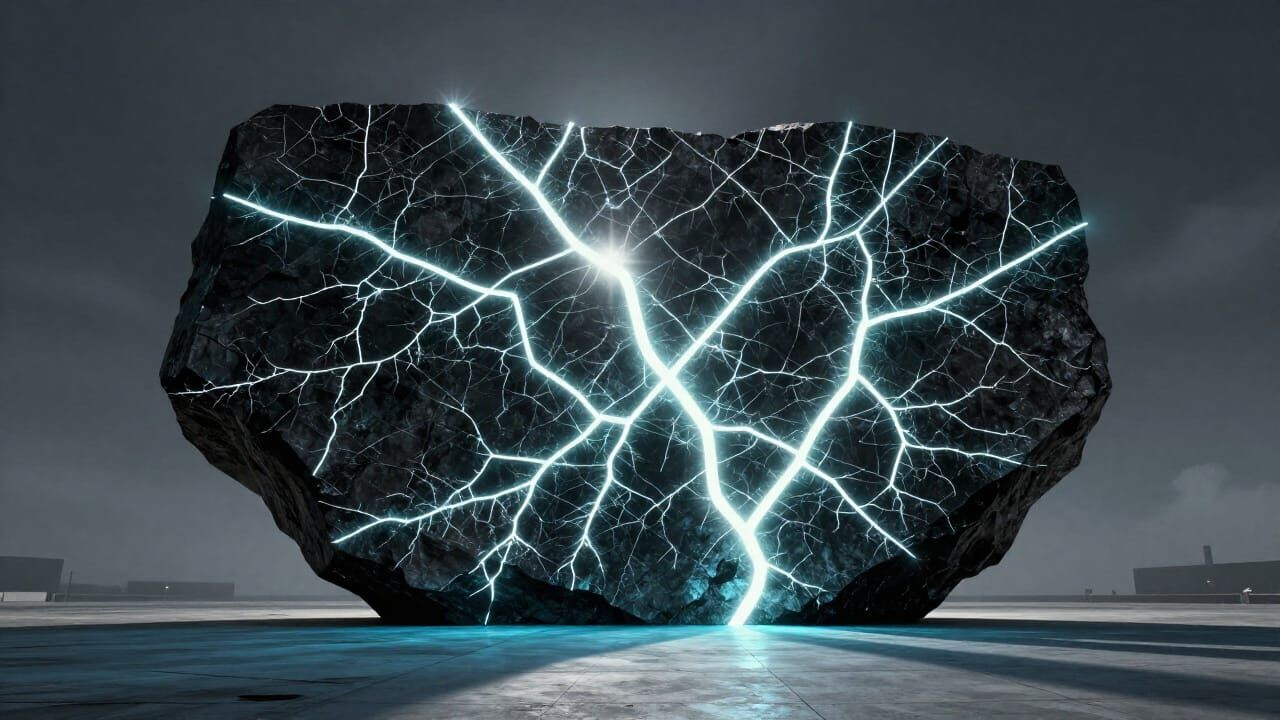 A colossal cracked black monolithic slab