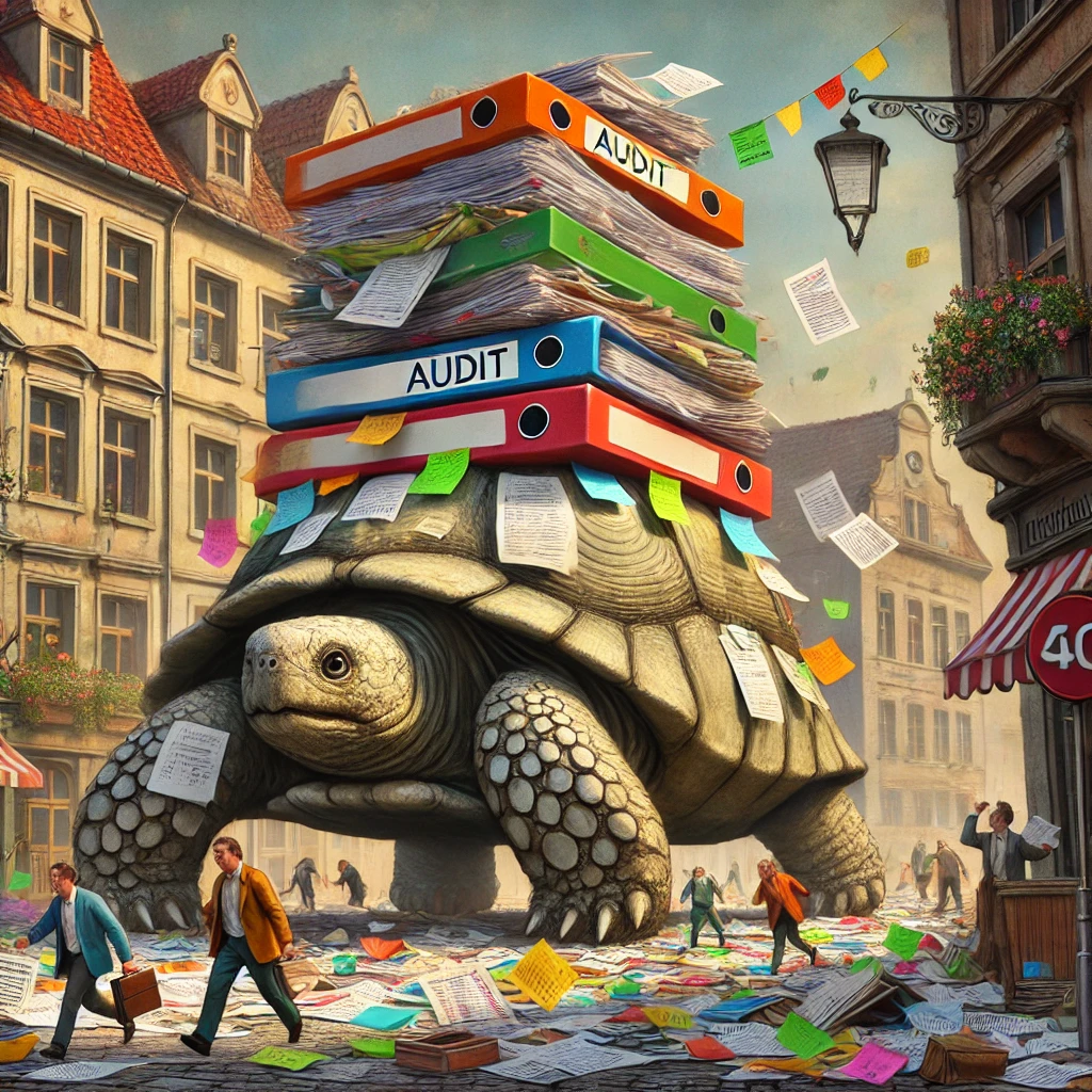 A massive, exhausted turtle trudging through a surreal European city, carrying a towering heap of audit checklists, sticky notes, and cybersecurity manuals on its shell. Tiny overworked auditors run around frantically.