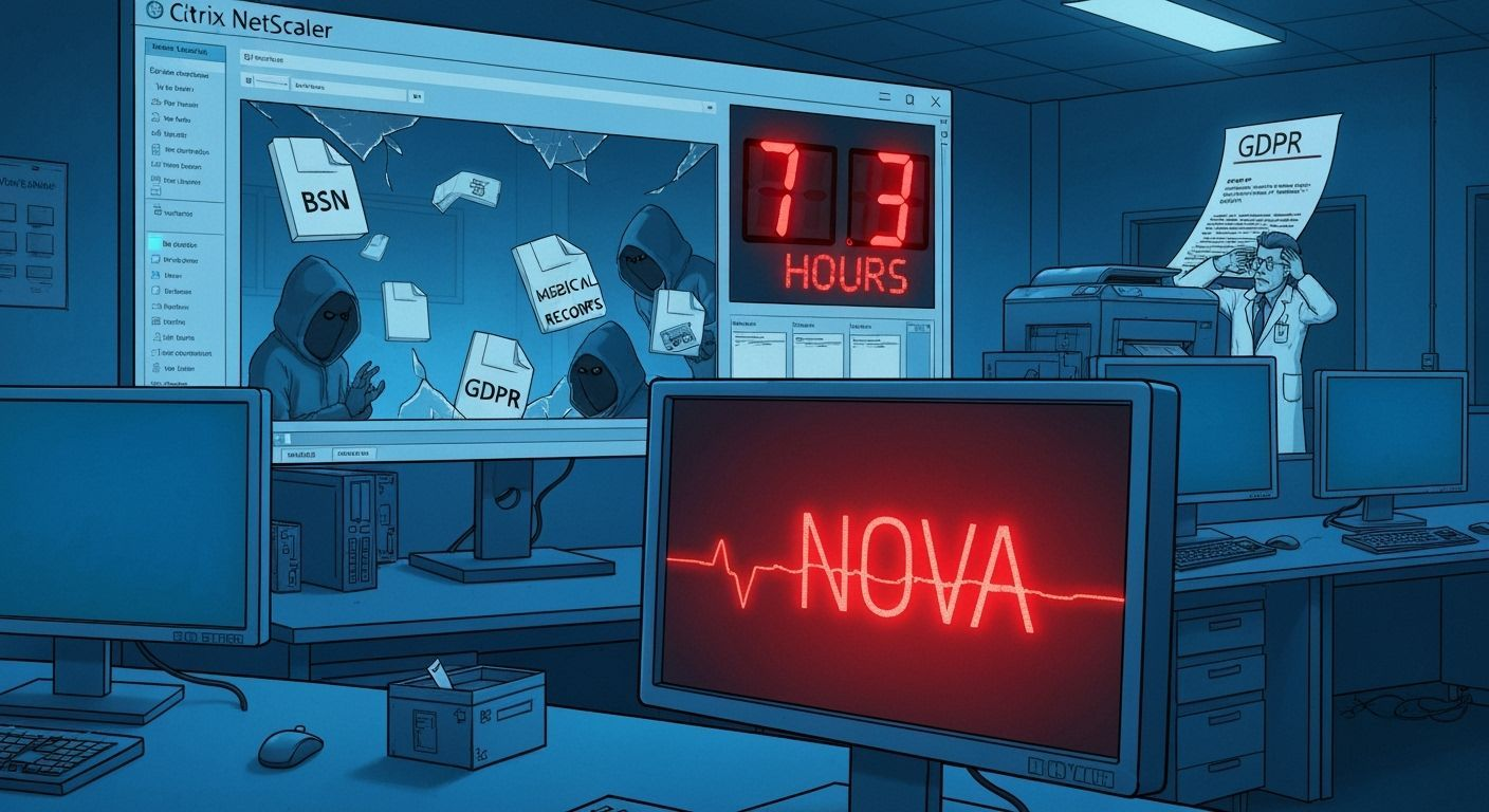 A dimly lit Dutch medical laboratory at night, blue computer screens casting eerie glow on abandoned workstations. In the foreground, a glowing red 'NOVA' ransomware message pulses ominously on a monitor. Through a broken Citrix NetScaler interface window, shadowy digital figures in hoodies are seen stealing floating files labeled 'BSN', 'Medical Records', and 'GDPR'. A large countdown timer displays '72 Hours' in red, nearly expired. In the background, a frustrated IT admin in a lab coat facepalms while a GDPR fine notice materializes from a printer.