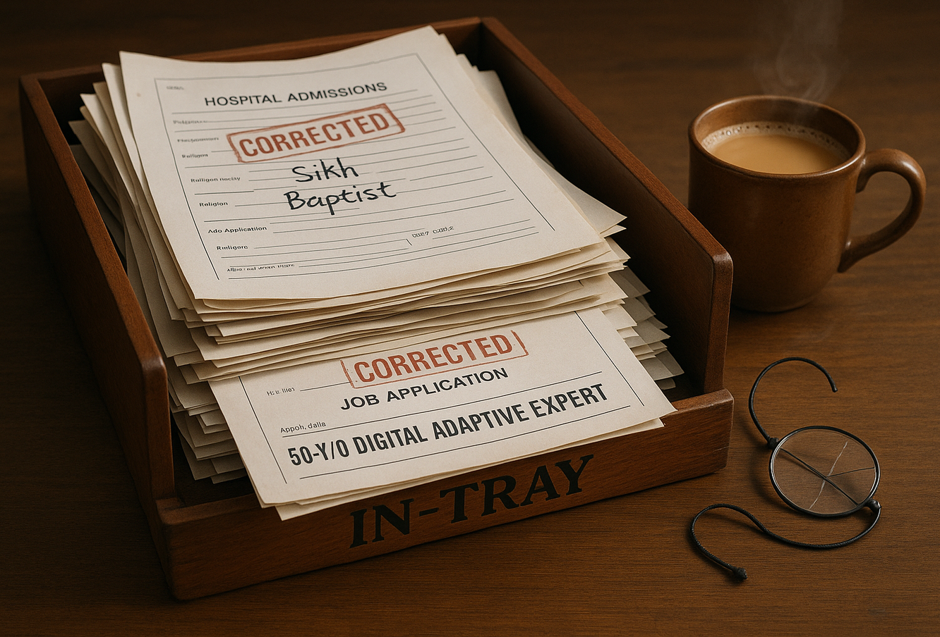 A mahogany office IN-tray overflowed with 'corrected' forms: hospital admissions with 'Sikh' written over 'Baptist', job applications with '50-Y/O DIGITAL ADAPTIVE EXPERT' stamped over 'native'. A monocle lies broken beside a steaming mug of chai
