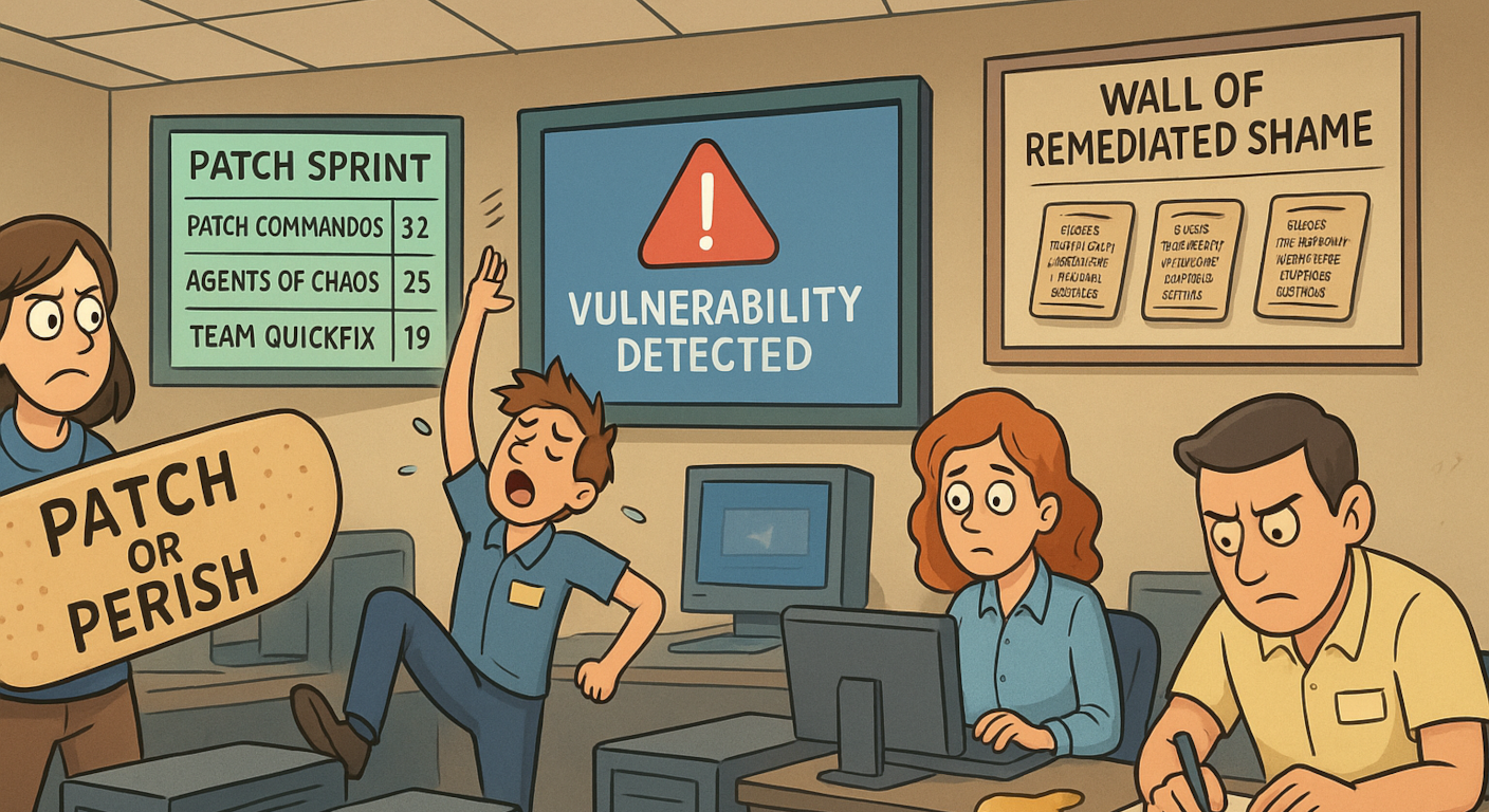 A satirical, office-themed cybersecurity training scene. Picture a group of IT professionals in a drab, fluorescent-lit office, dressed in mismatched uniforms, frantically applying digital patches to oversized, cartoonish computer systems. One technician is holding a giant, comically large patch labeled 'Patch or Perish,' while another is performing an exaggerated interpretive dance in front of a screen displaying a 'Vulnerability Detected' alert. A third is hastily scribbling patch logs with titles like 'Closed this vulnerability before the auditors noticed.' In the background, a leaderboard shows teams competing with humorous names like 'Patch Commandos' and 'Agents of Chaos.' The atmosphere is chaotic yet humorous, capturing the essence of a gamified, high-pressure patching sprint.