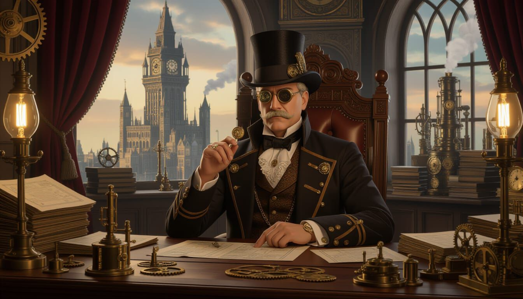 The Patrician of a Ankh Morpork, seated at a grand wooden desk cluttered with brass gears, cog-driven calculators, and arcane mechanical devices.