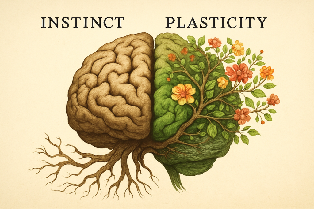 A brain partly made of tangled roots and branches, with one side neat and structured ("instinct") and the other wild and flowering ("plasticity")