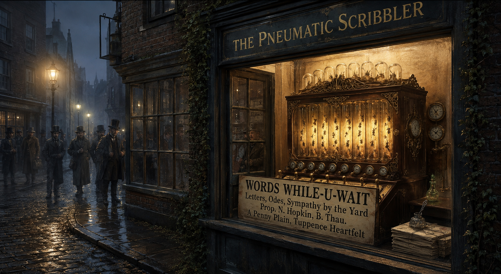 A shop window on a wet cobbled street at dusk, lit from inside. A brass and wood engine fills the window, its glass tubes glowing and full of ants; a painted sign in front reads Words While-U-Wait, Letters, Odes, Sympathy by the Yard, Prop. N. Hopkin, B. Thau., A Penny Plain, Tuppence Heartfelt. Above the window, the shop name: The Pneumatic Scribbler. Men in top hats queue past the window in the rain.