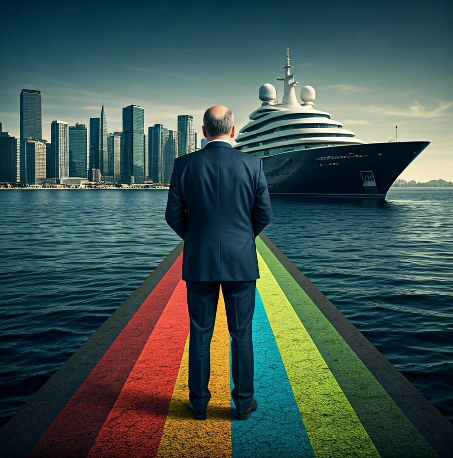 A “Political Spectrum” colour wheel where all roads lead to “Corporate Lobbyist’s Yacht.