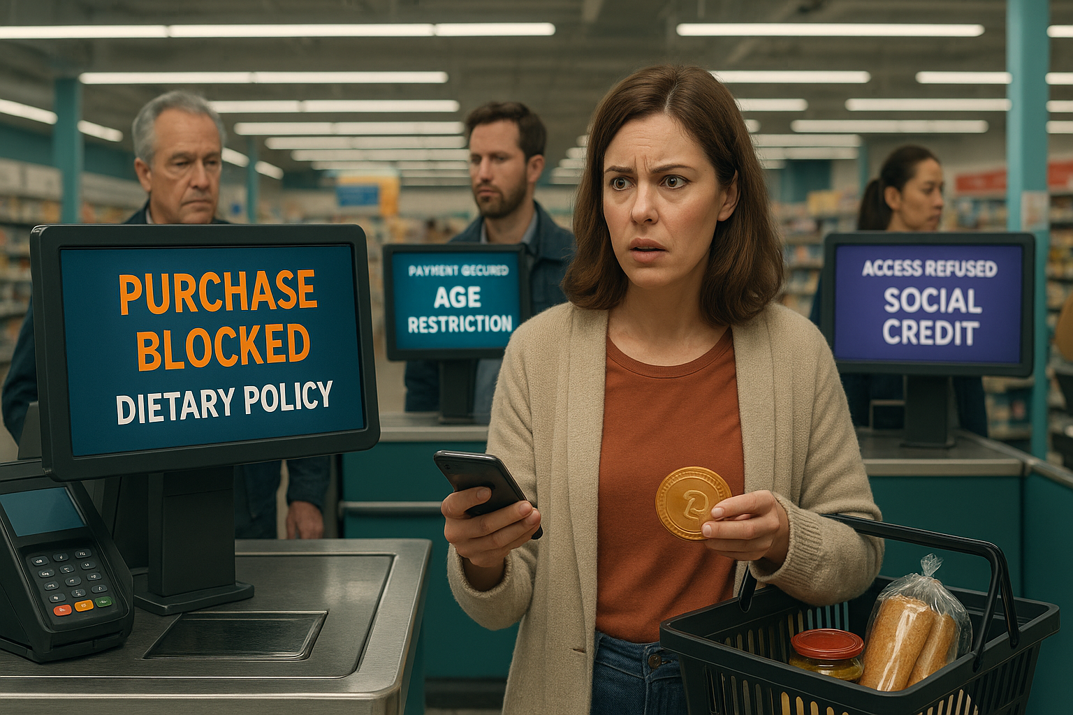 A woman at a supermarket checkout looks confused as the screen reads “PURCHASE BLOCKED: DIETARY POLICY.” Behind her, other shoppers face similar digital payment refusals for reasons like age restriction, carbon limit, and social credit, highlighting a dystopian scenario of programmable money control.