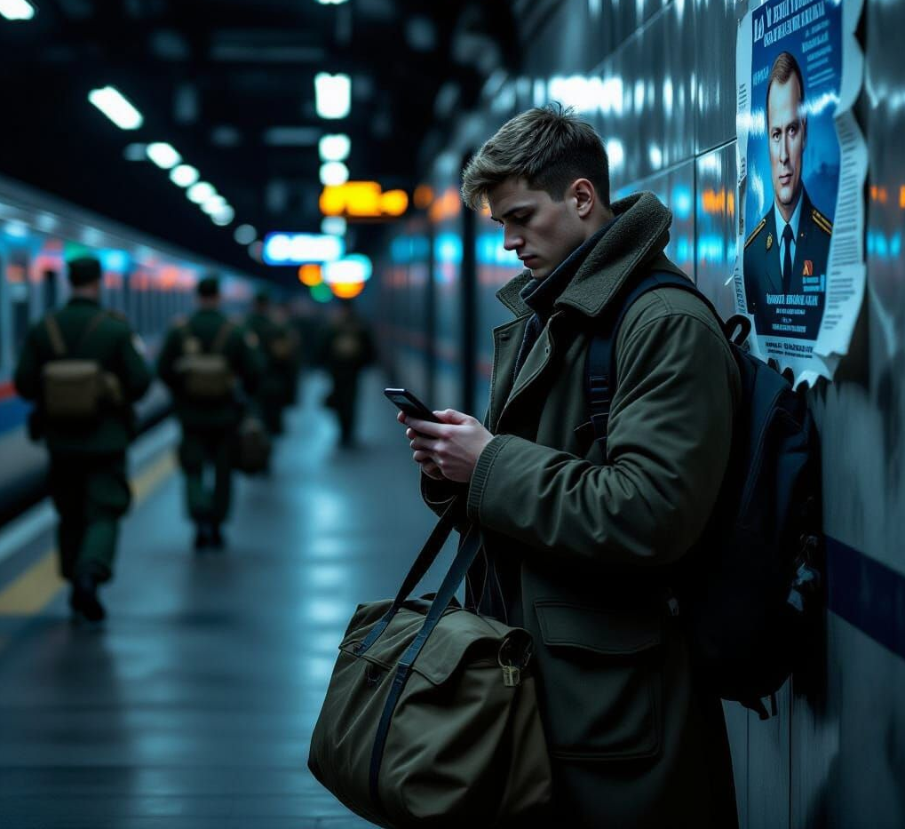 A young Russian man in a darkened train station, clutching a hastily packed bag, glancing anxiously at a digital conscription notice flashing on his phone screen. In the background, shadowy figures in military uniforms patrol, while a torn propaganda poster of Putin peels off the wall. The atmosphere is tense, cinematic, and dystopian, with a muted color palette of grays and blues, evoking fear and urgency