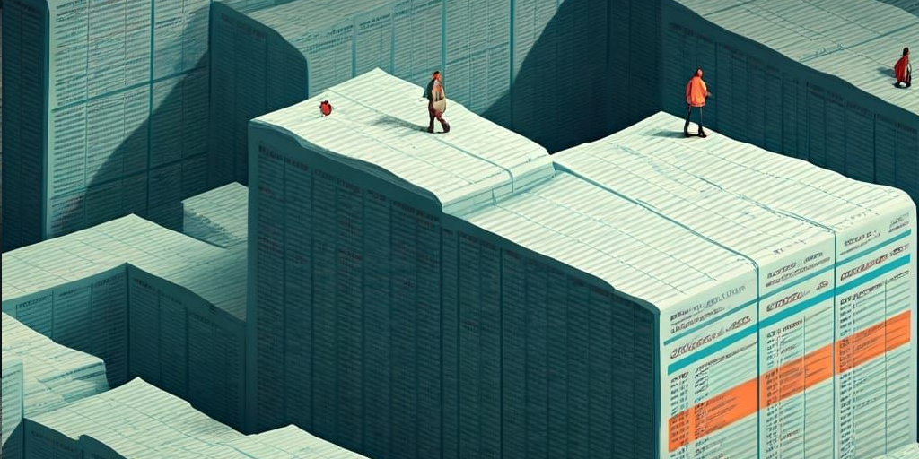A labyrinth made of spreadsheets and policy papers, with tiny citizens lost inside
