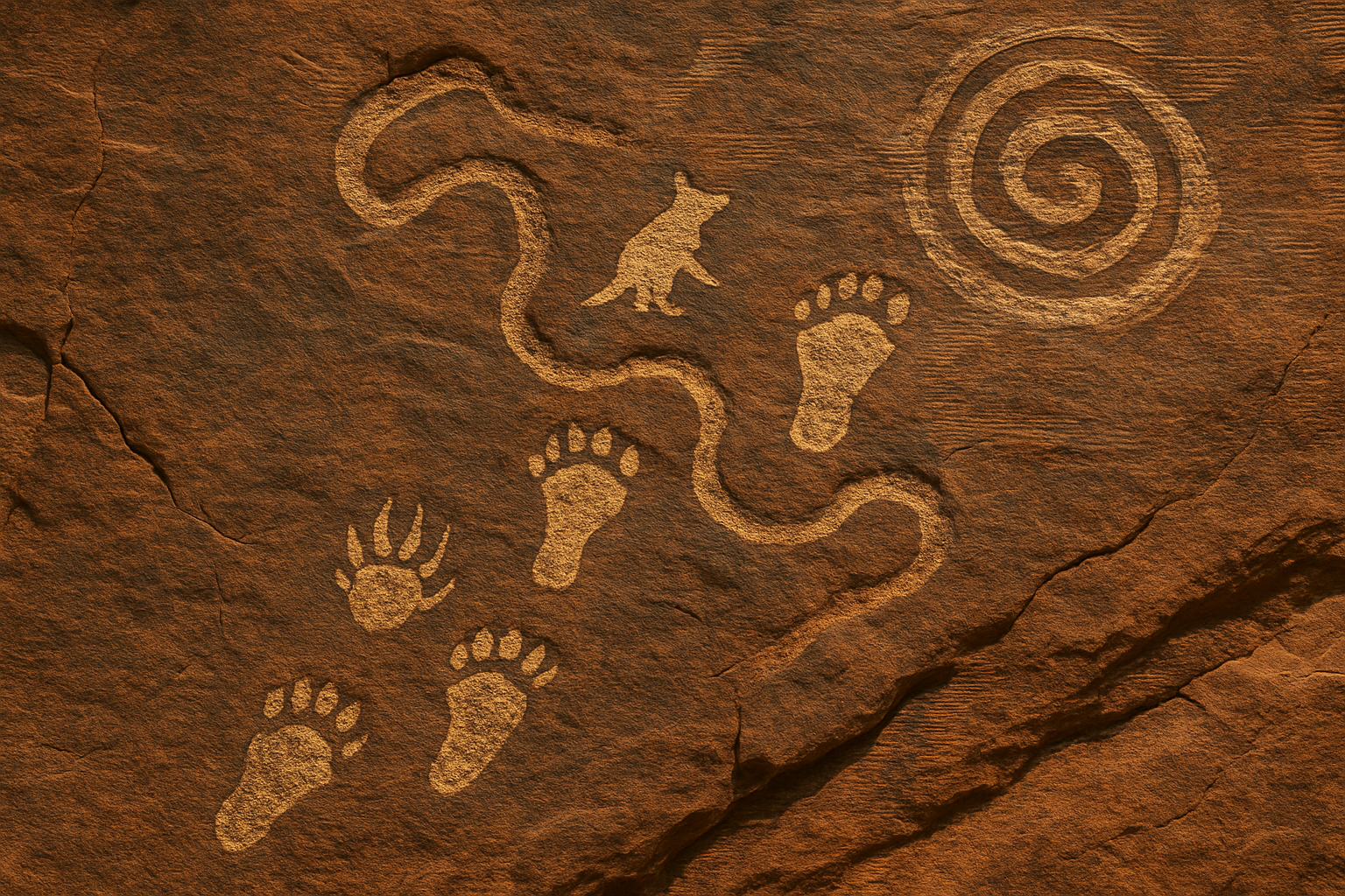 A sandstone petroglyph panel featuring a winding trail of human and animal footprints leading toward a spiral symbol, interpreted as a sipapu. The carvings are etched in deep relief on a textured reddish-brown rock surface.