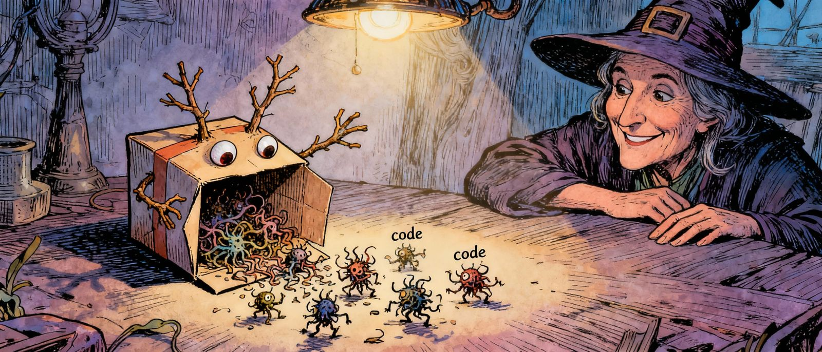 A mysterious little package with eyes and hands, popping open to spill out tiny chaotic creatures labeled 'code', the witch nearby looking bemused, surreal and comical, illustrated in a whimsical Discworld style.