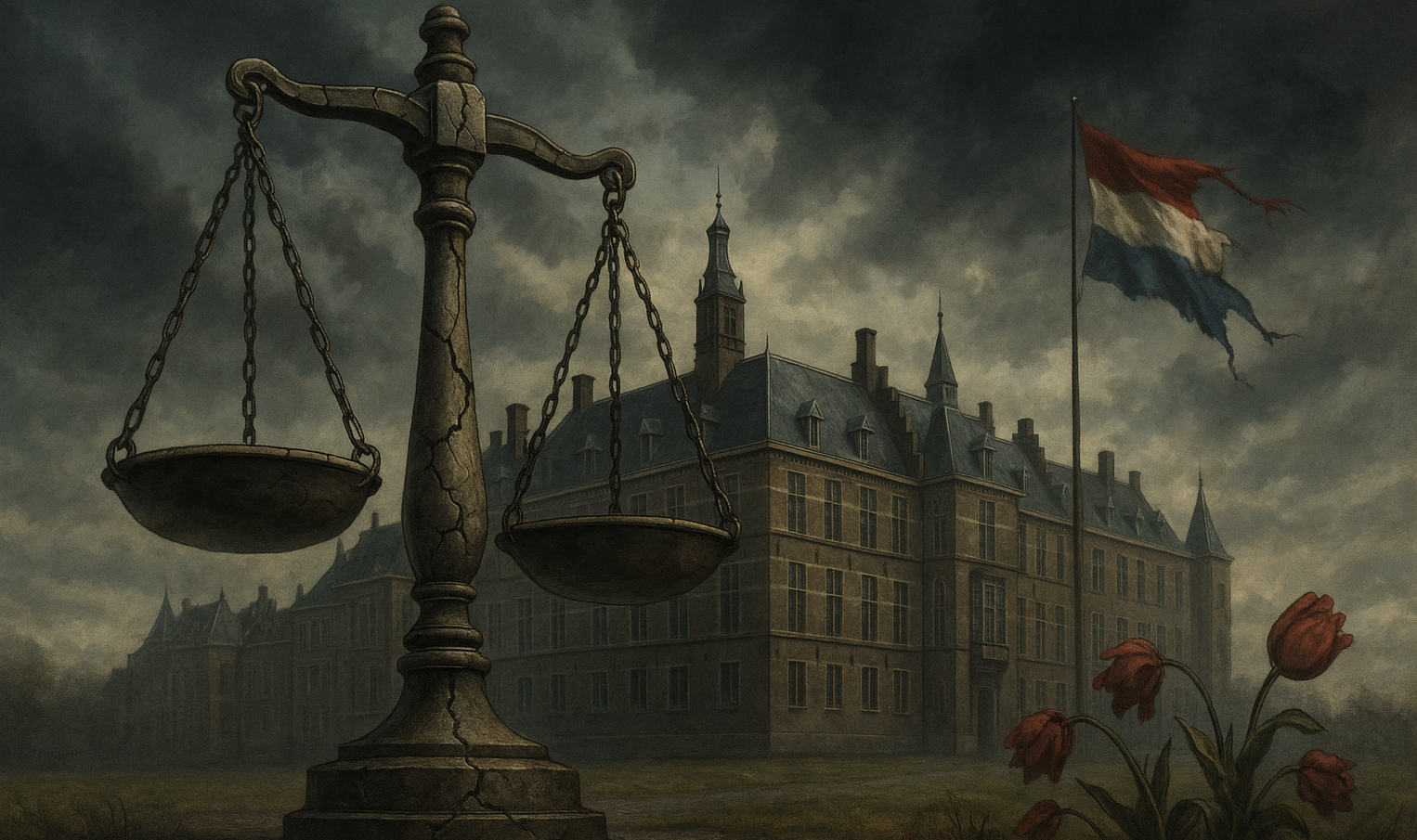 A wide-angle illustration of a traditional set of justice scales, cracked and tilting, set in front of a Dutch government building in The Hague under a stormy sky. Tulips are wilting and a torn Dutch flag flaps in the wind.