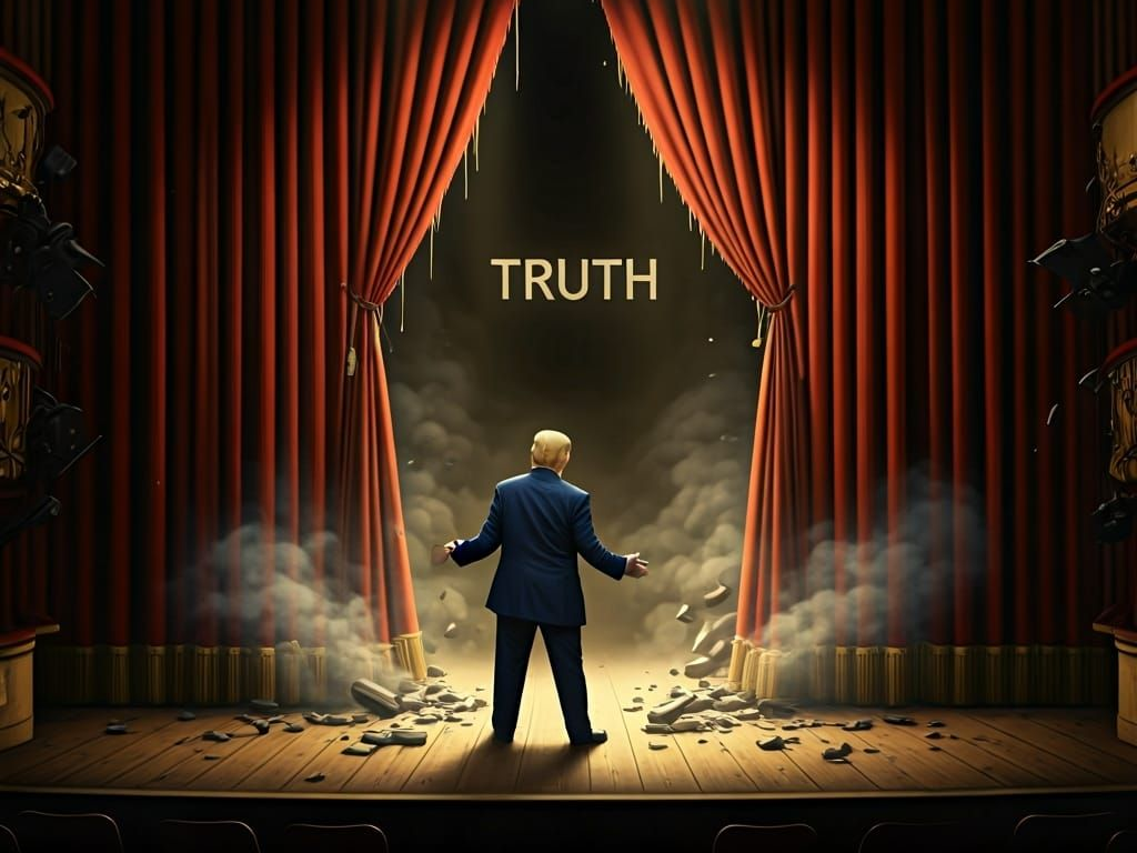 A theatre stage with broken props, smoke, and Trump centre-stage pulling back a curtain to reveal a void marked 'Truth'