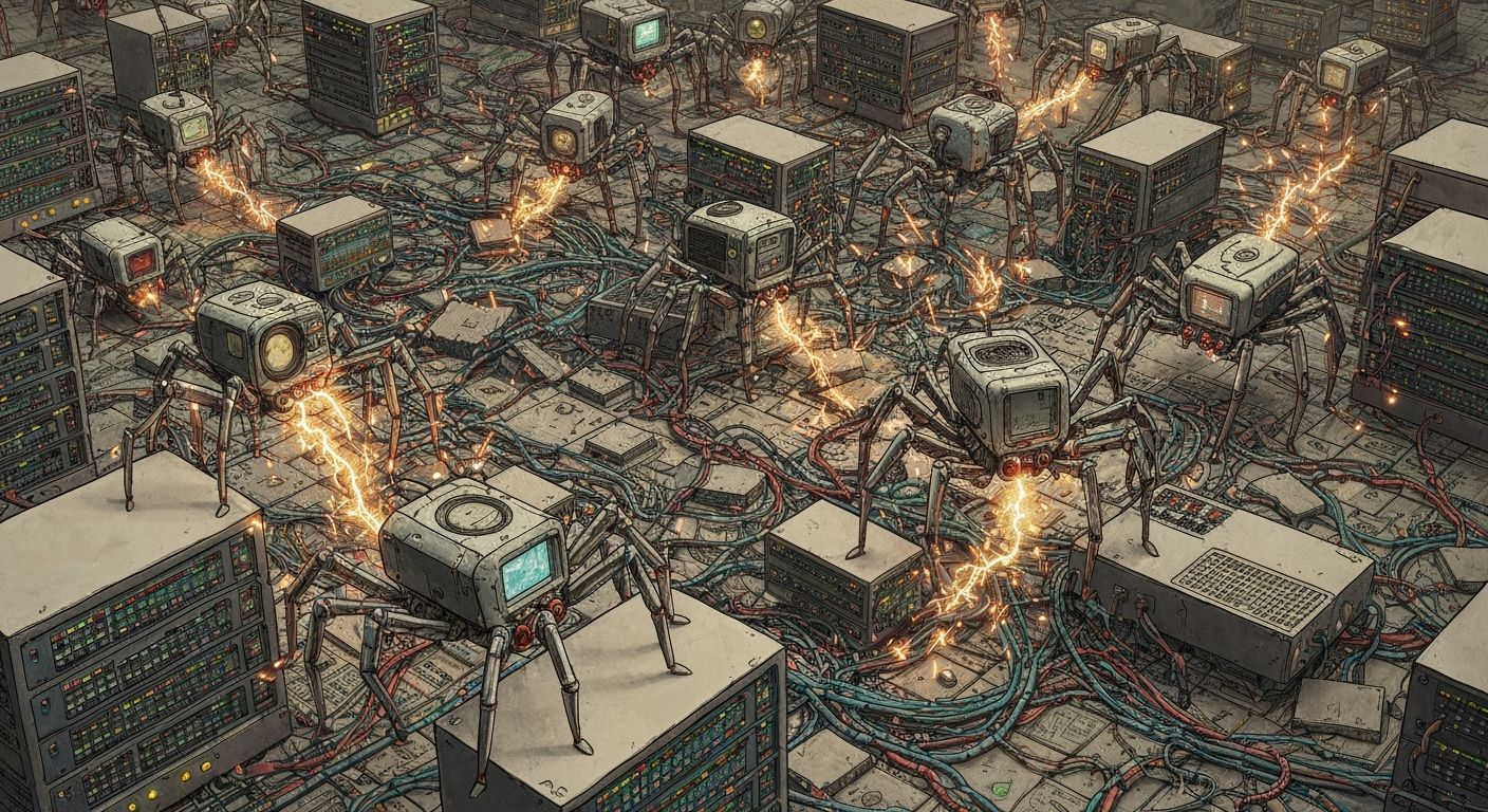 A chaotic swarm of robotic spiders constructed from old IoT devices, their metallic bodies glinting dully, crawls over a fragile, intricate network of servers and cables. Sparks of electricity fly from their joints and the damaged infrastructure.