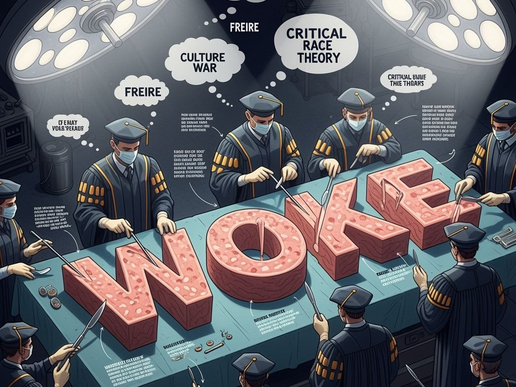 An operating table under a harsh white light. Surgeons in academic robes dissect the word 'WOKE' with scalpels and annotated footnotes. Floating thought bubbles contain words like 'Garvey' and 'culture war.'